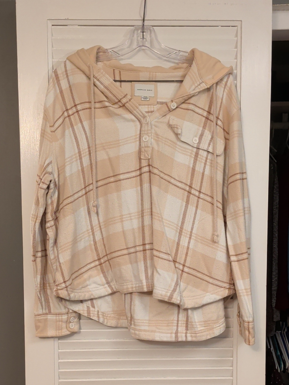American Eagle Outfitters Beige Plaid Flannel Hooded Shirt
